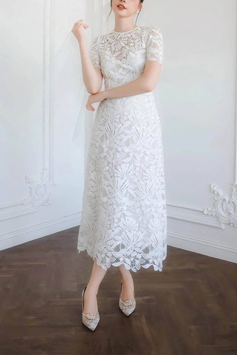 Sheath-Column Tea Length Lace Little White Dress 100016 - COCOMELODY